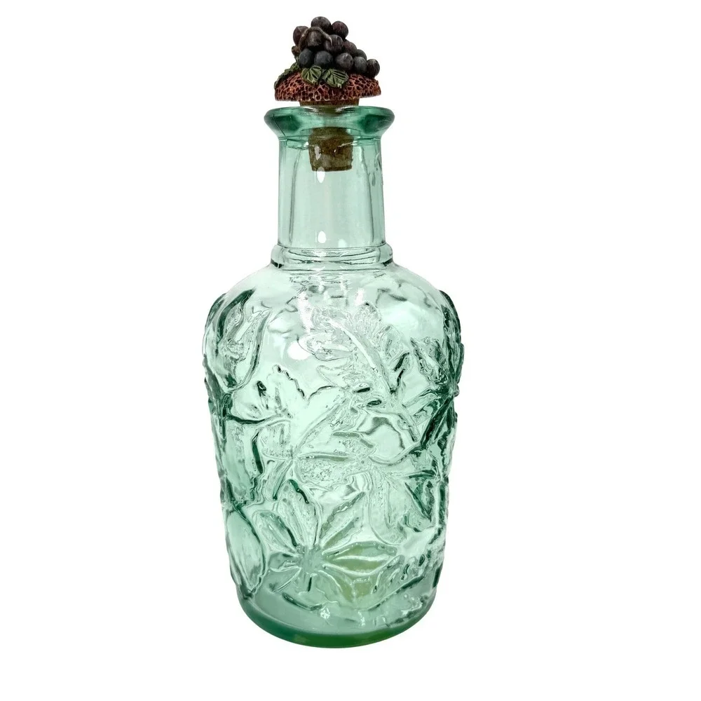 Vintage Style Green Embossed Floral Glass‎ Bottle with Grape Stopper Made Canada